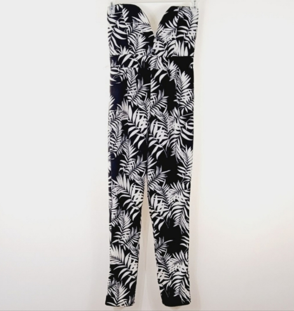 Blue S Strapeless Full Length White Black Jumpsuit Palm Print Size Large